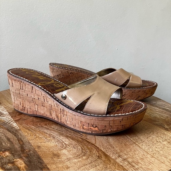Sam Edelman | Reid Patent Leather Cork Heel Wedge Sandal - Picture 1 of 8